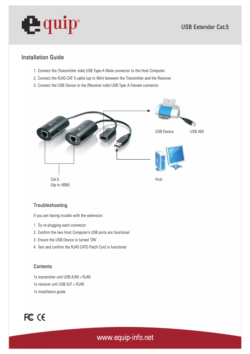 First page image of the manual for USB 1.1 Extender 40m, Cat.5e