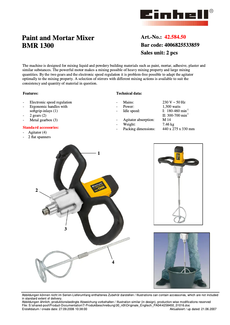 Page 1 de la notice Manuel utilisateur Bavaria by Einhell BMR 1300