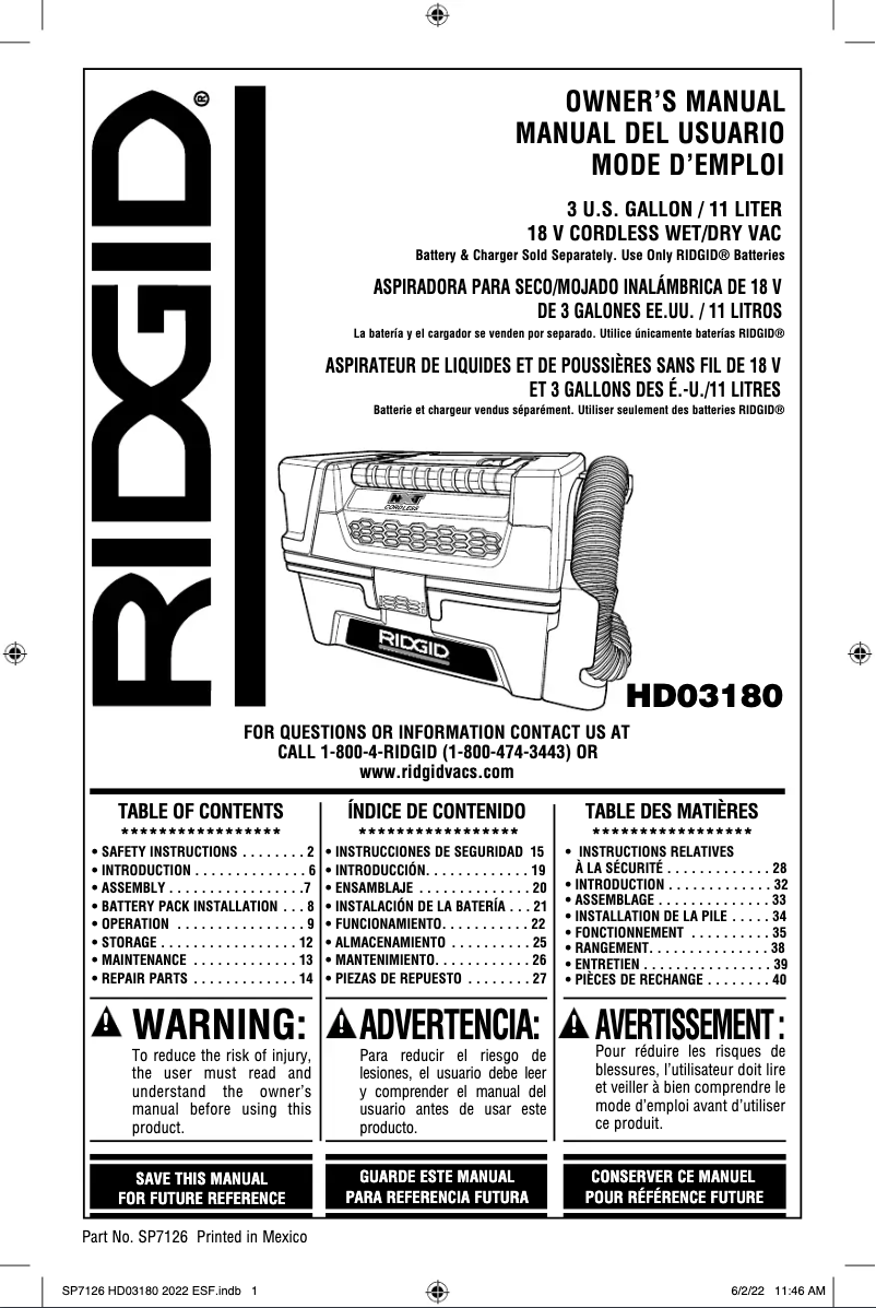 Page 1 of the manual User Manual Ridgid HD0318