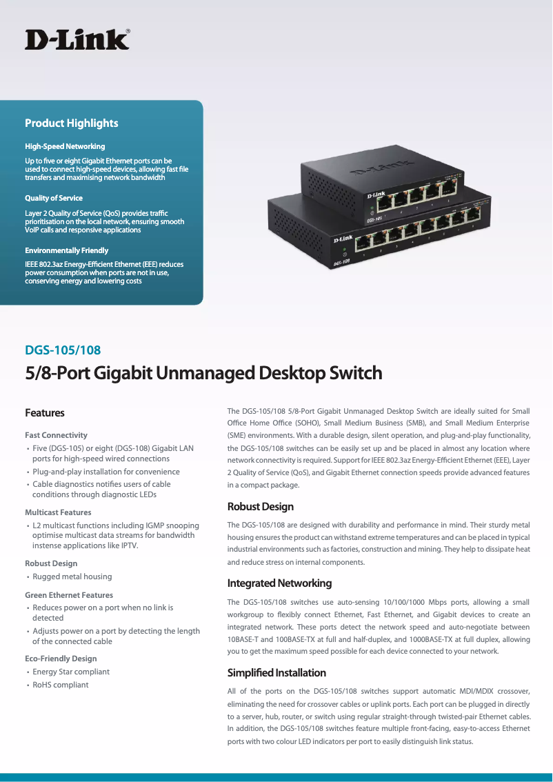 Page 1 of the manual Technical Sheet D-Link DGS105