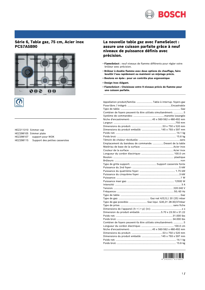 Page 1 of the manual Technical Sheet Bosch Serie 6 PCS7A5B90