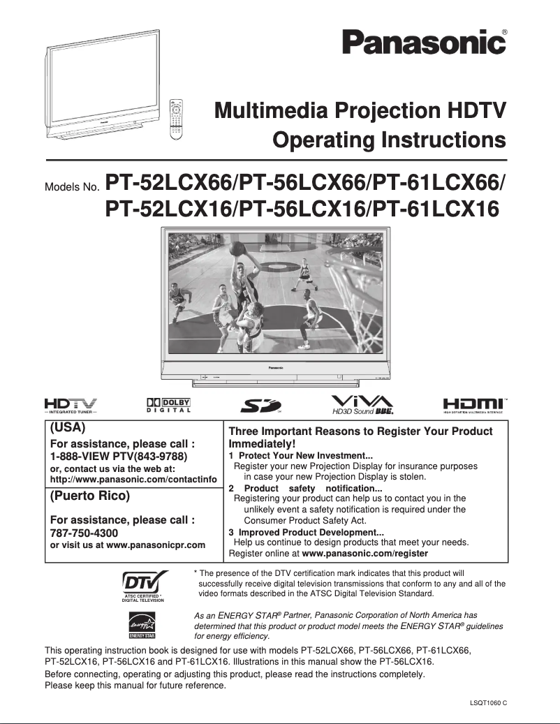 Page 1 of the manual User Manual Panasonic PT-52LCX66