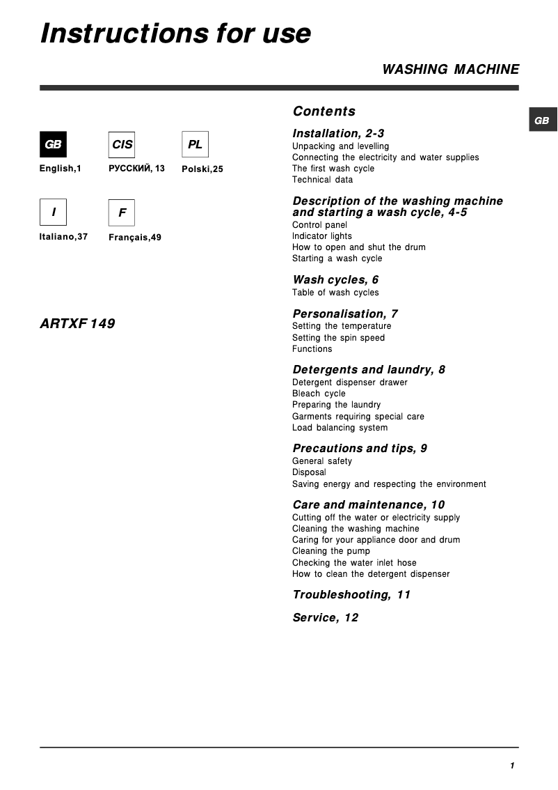 First page image of the manual for ARTXF 149 (EU)