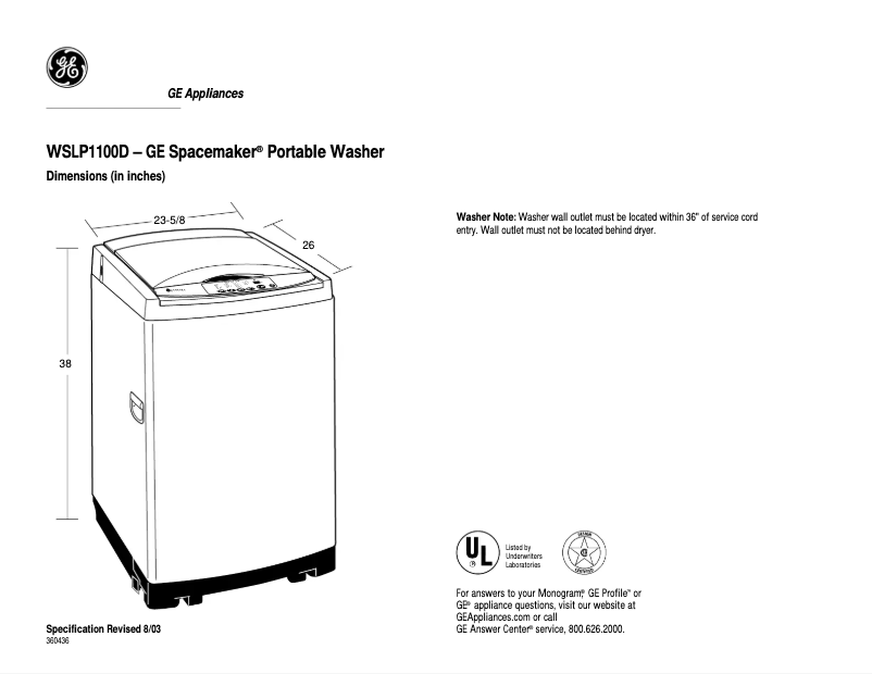 Page 1 of the manual Technical Sheet GE WSLP1100DWH