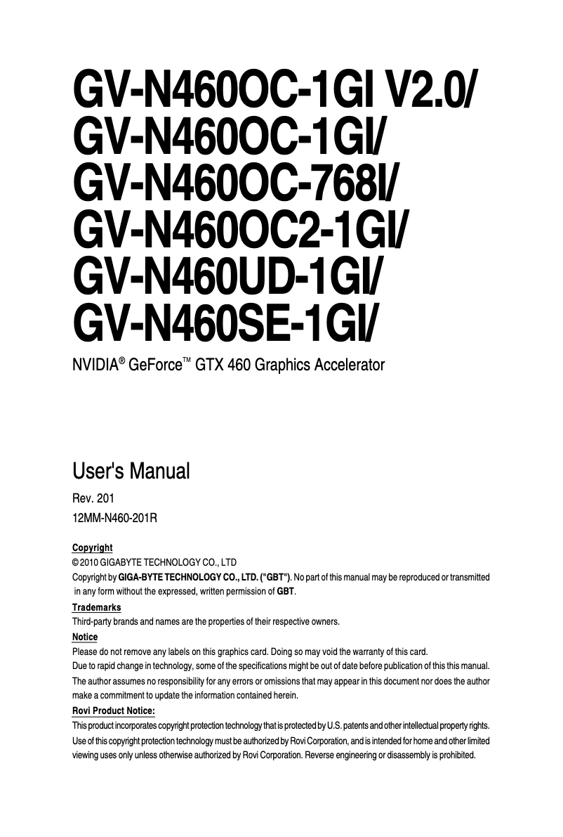 Page 1 of the manual User Manual Gigabyte GV-N460OC-1GI