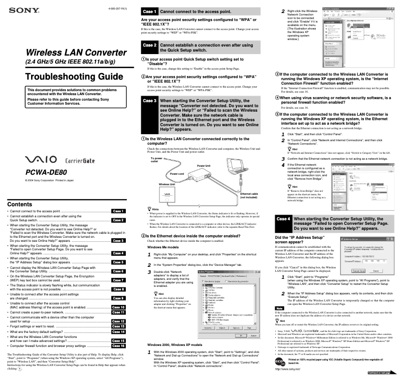 First page image of the manual for PCWA-DE80