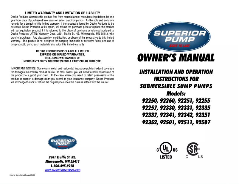Page 1 of the manual User Manual Superior Pump 92330