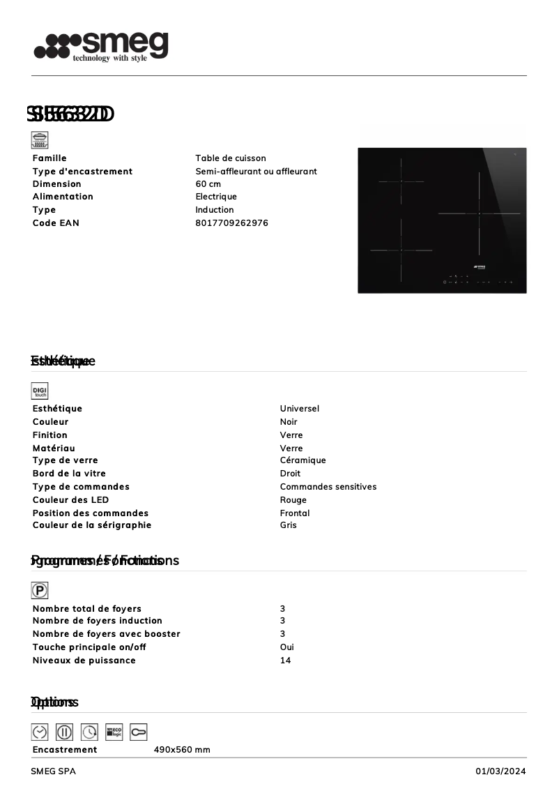 Page 1 of the manual Technical Sheet Smeg SI5632D