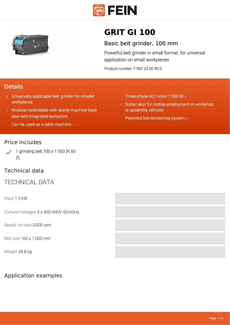 Page 1 of the manual Technical Sheet Fein GRIT GI 100