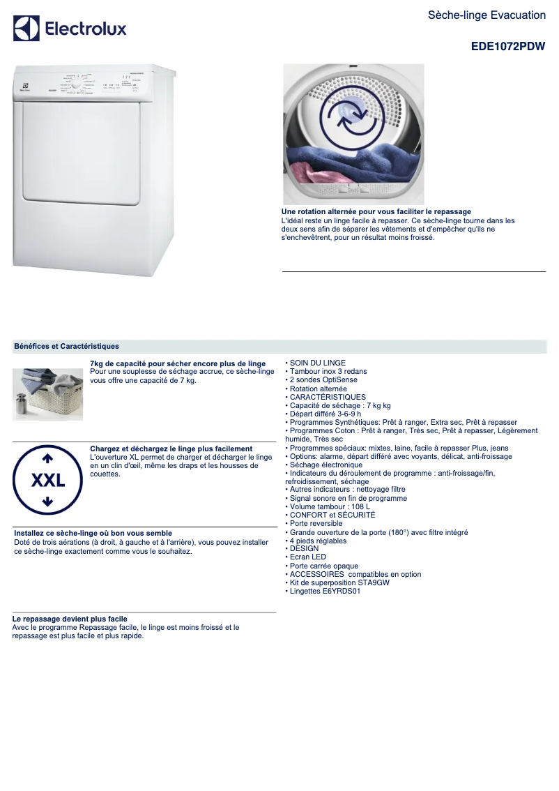 Page 1 of the manual Technical Sheet Electrolux EDE1072PDW