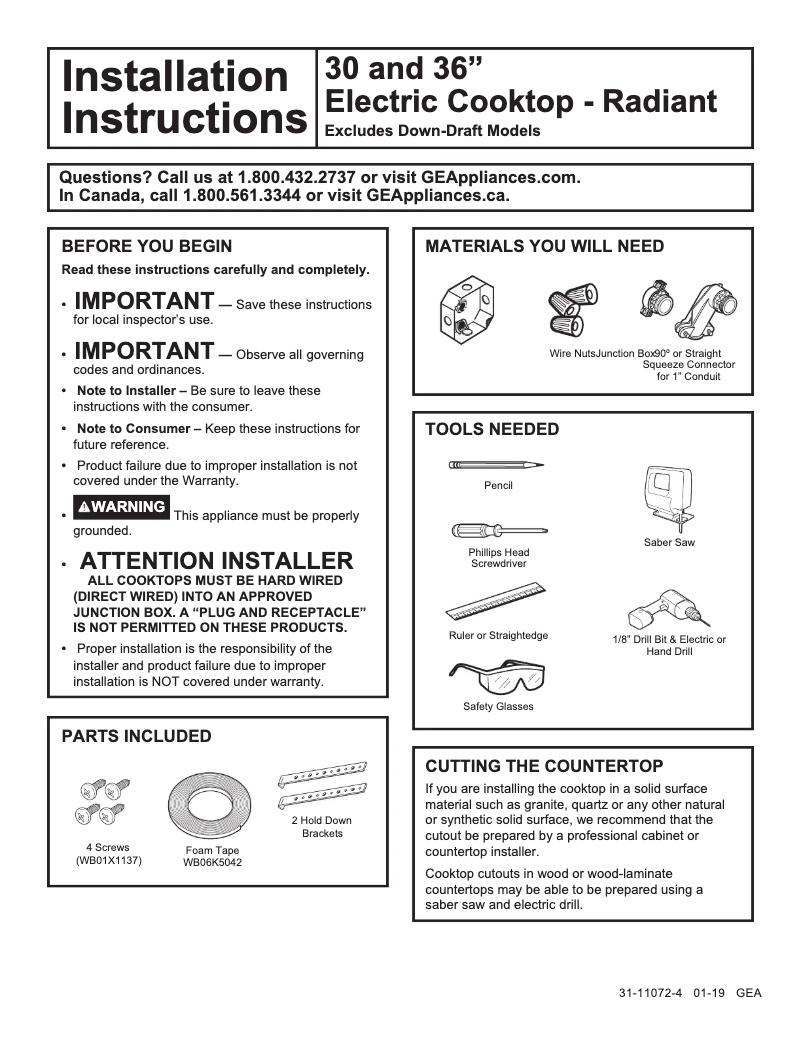 Page 1 of the manual Installation Guide GE JP3530TJWW