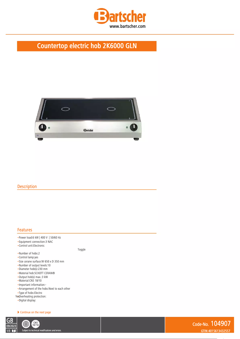 Page 1 of the manual Technical Sheet Bartscher 2K6000 GLN