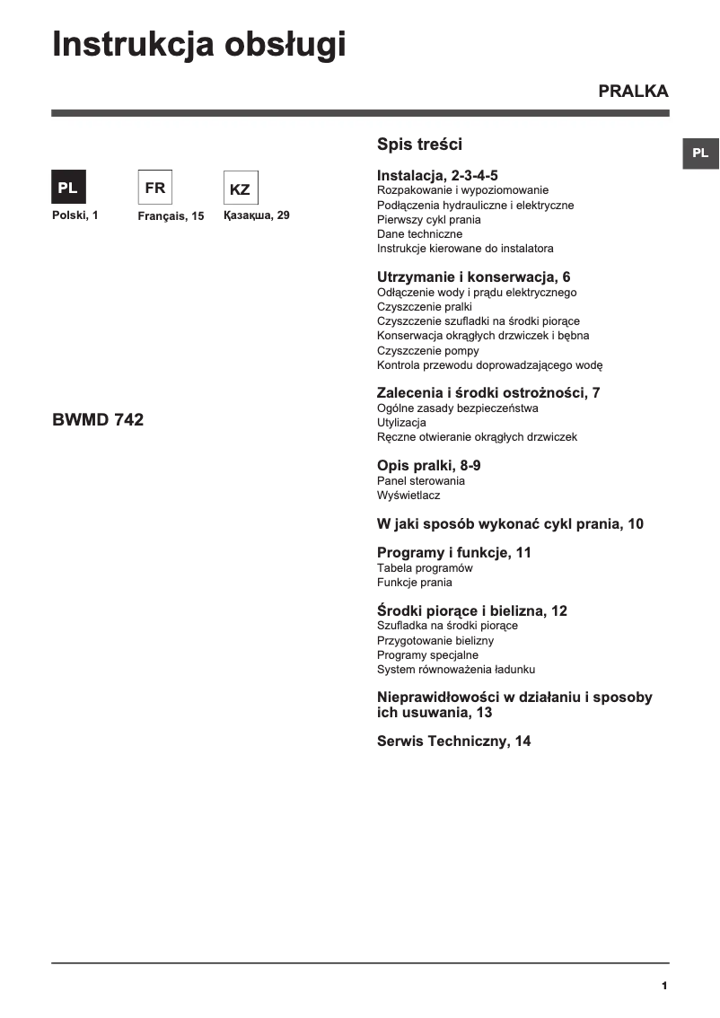 Page 1 of the manual User Manual Hotpoint BWMD 742