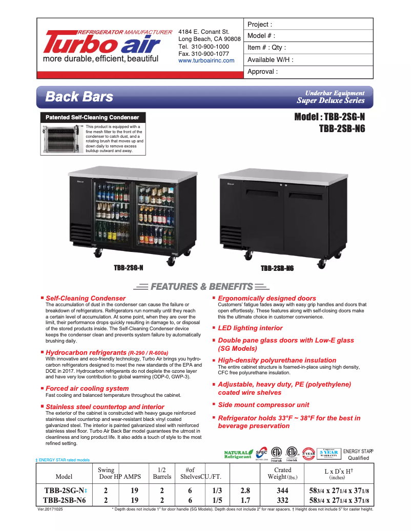 Page 1 of the manual Technical Sheet Turbo air TBB-2SG