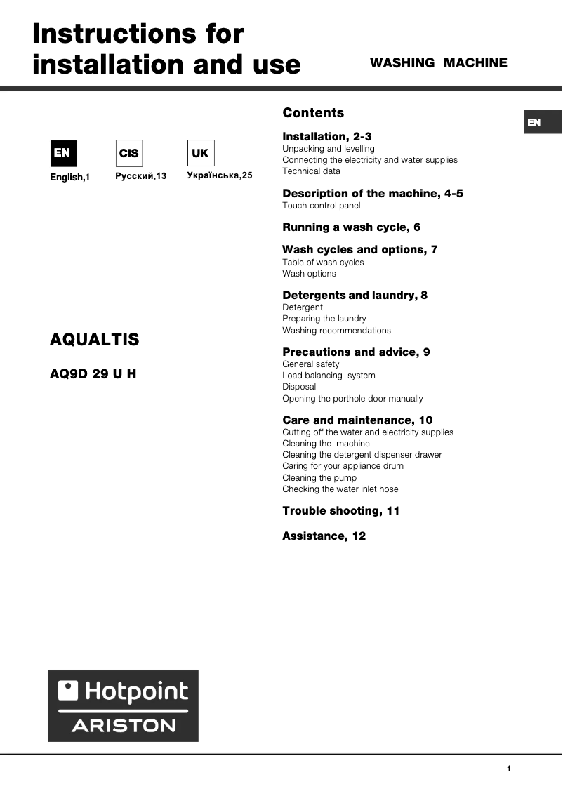 Page 1 of the manual User Manual Hotpoint Ariston AQ9D 29 U H (EU)