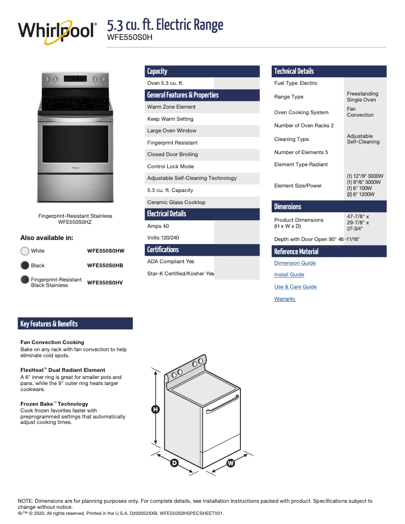 Page 1 of the manual Technical Sheet Whirlpool WFE550S0HW