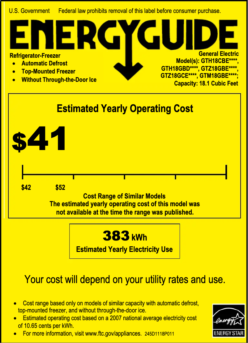 Page 1 of the manual Energy Label GE GTZ18GBESS