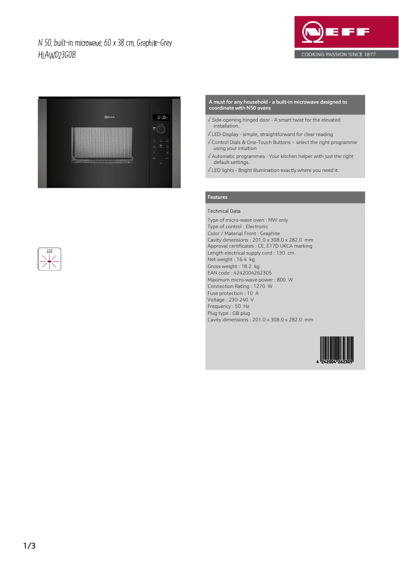 Page 1 of the manual Technical Sheet Neff HLAWD23G0B