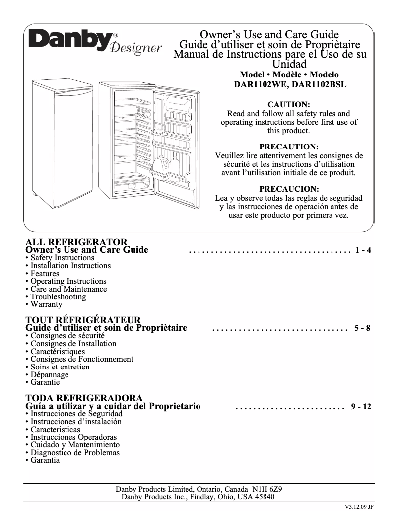 Page 1 of the manual User Manual Danby Designer DAR1102BSL