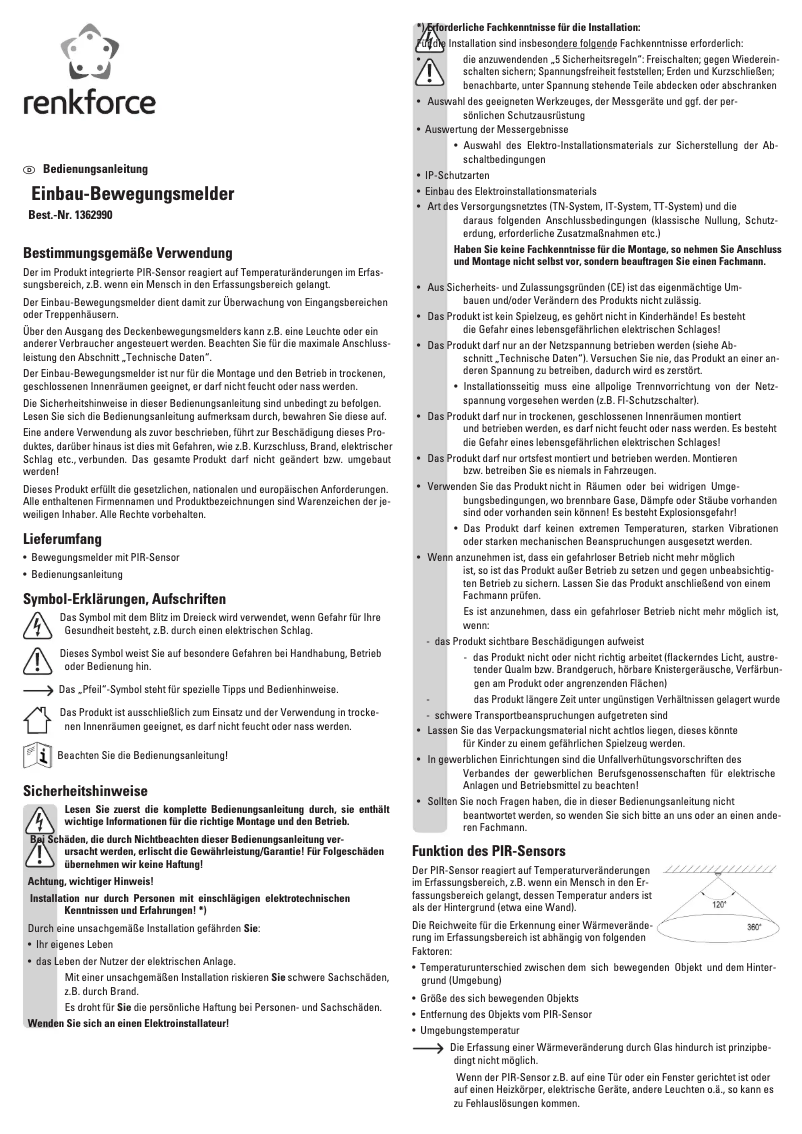 Page 1 de la notice Manuel utilisateur Renkforce 1362990