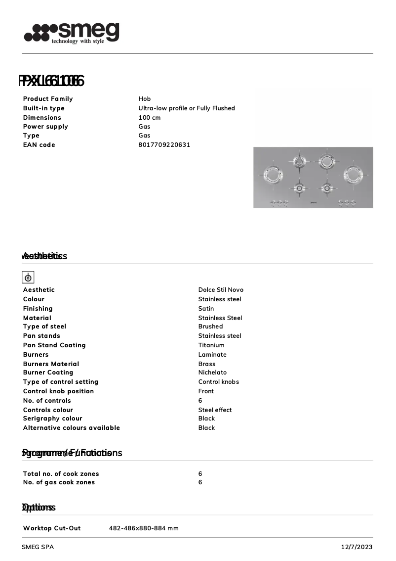 Page 1 of the manual Technical Sheet Smeg PXL6106