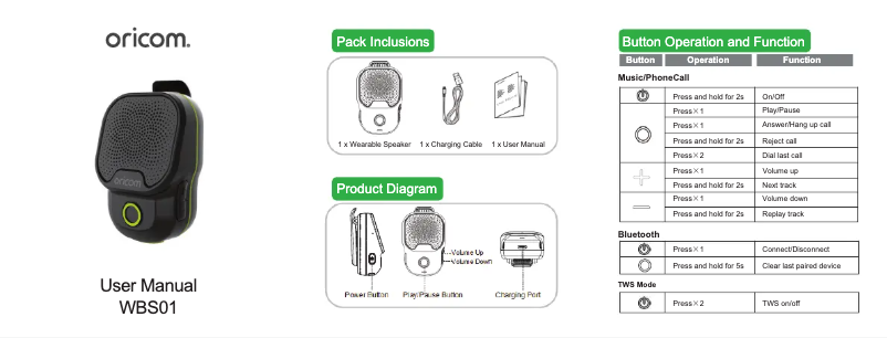 Page 1 de la notice Manuel utilisateur Oricom WBS01