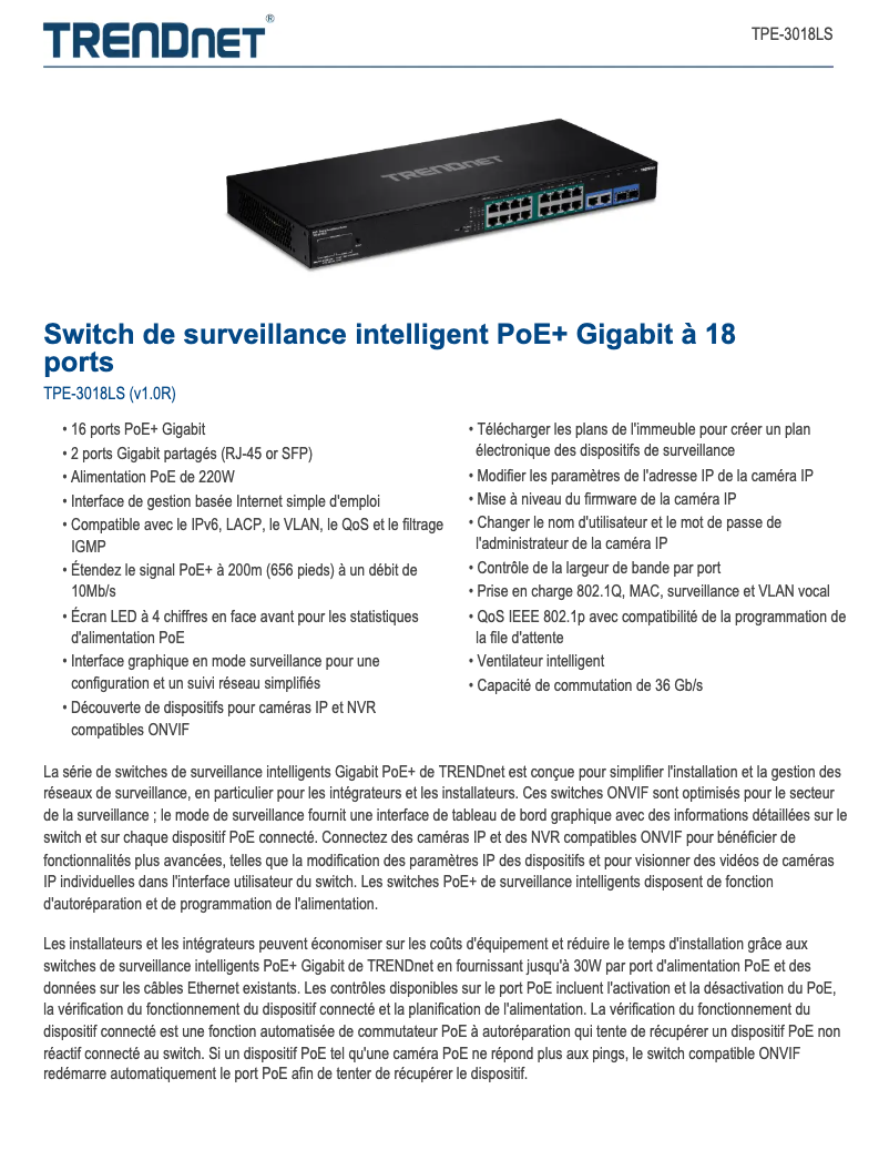 Page 1 of the manual Technical Sheet TRENDnet TPE-3018LS