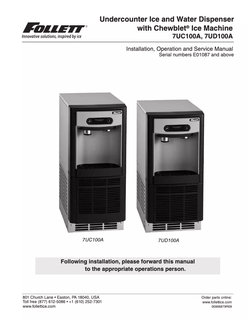 Page 1 of the manual Use and Maintenance Manual Follett 7UC100A-IW-CF-ST-00