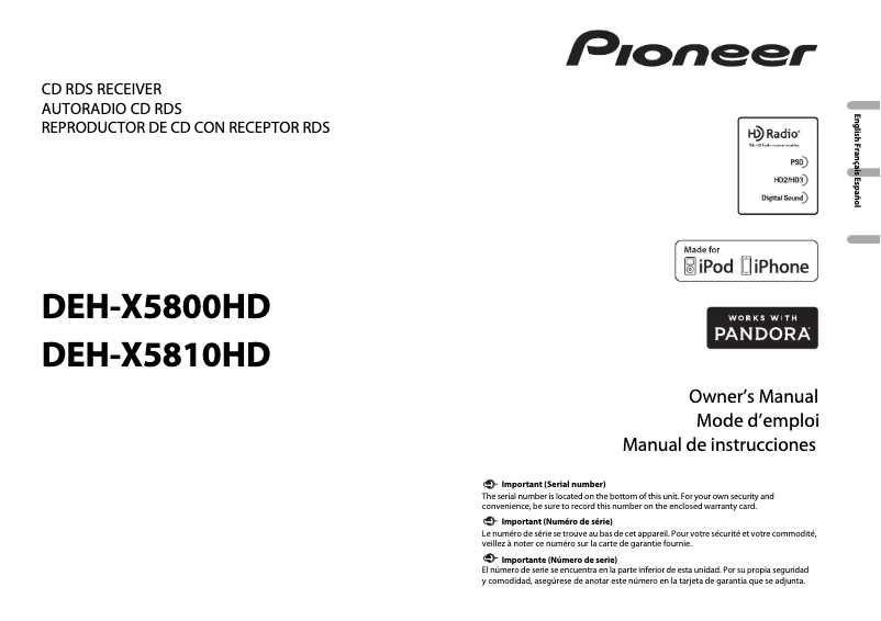 Page 1 of the manual User Manual Pioneer DEH-X5800HD
