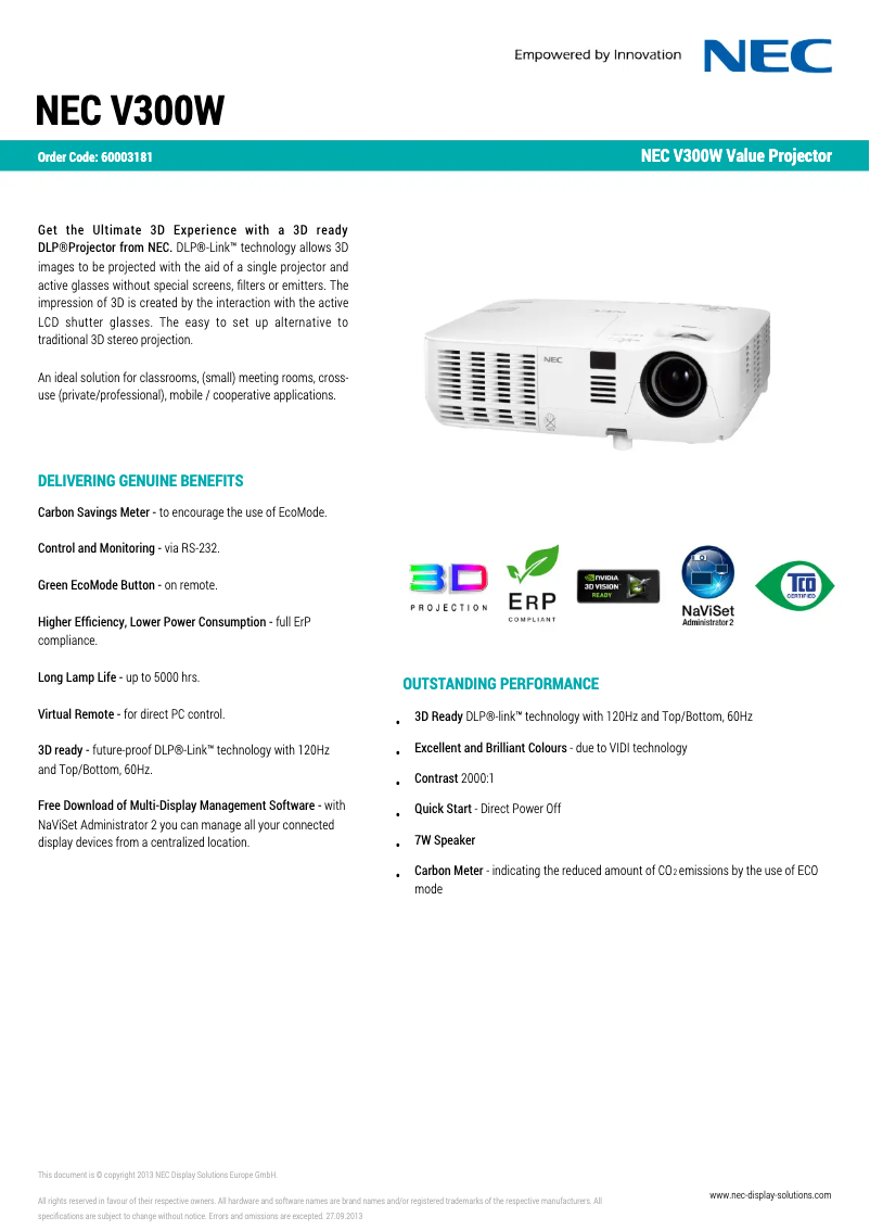 Page 1 of the manual Technical Sheet NEC V300W