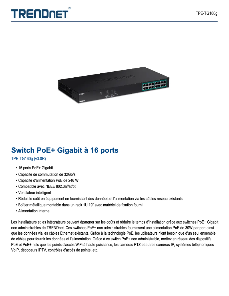 Page 1 of the manual Technical Sheet TRENDnet TPE-TG160G