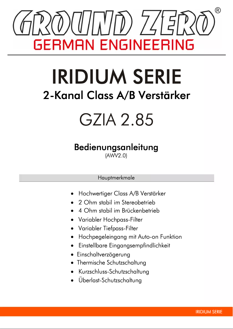 First page image of the manual for GZIA 2.85