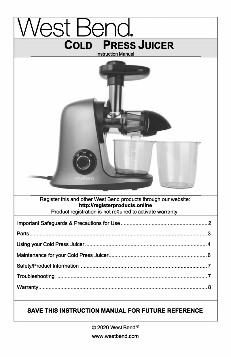 Page 1 de la notice Manuel utilisateur WestBend JC2009SV13