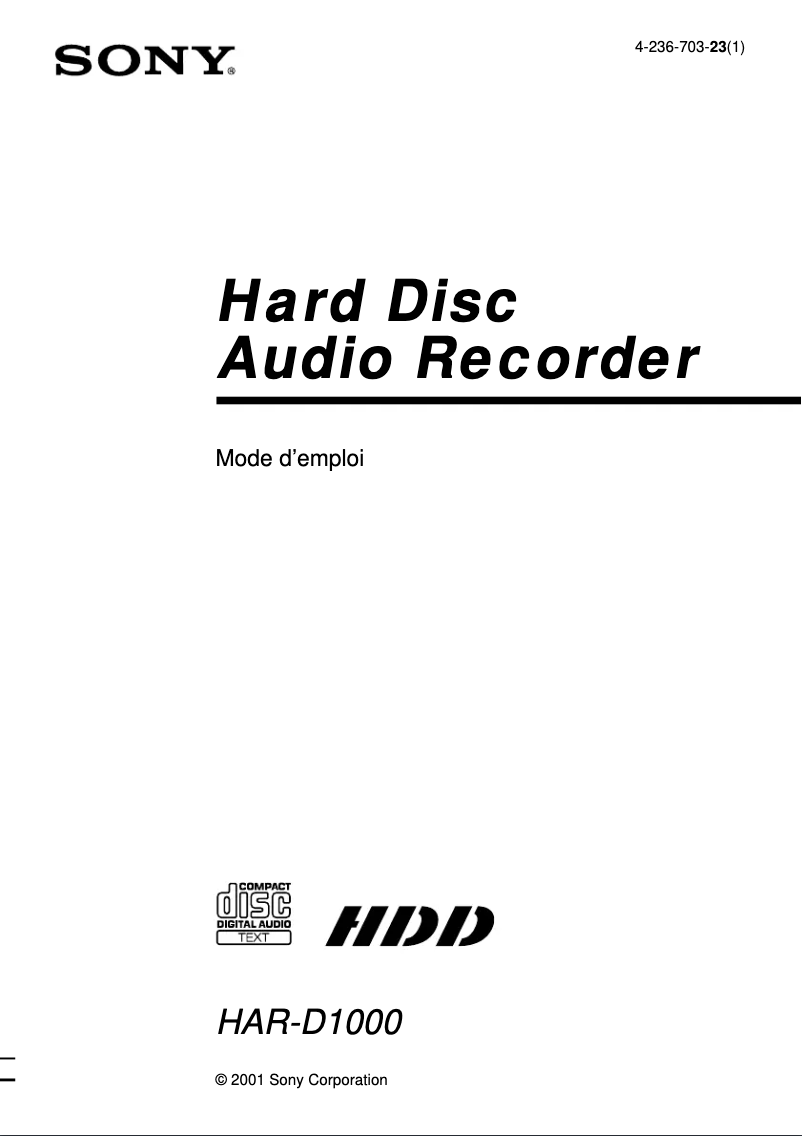 Page 1 of the manual User Manual Sony HAR-D1000