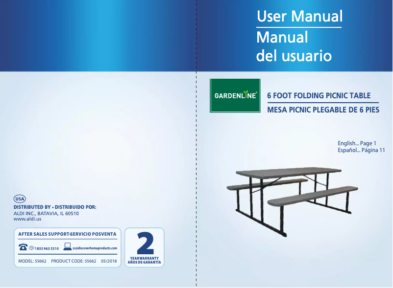 Page 1 of the manual User Manual Easy Home Gardenline 6' Folding Picnic Table