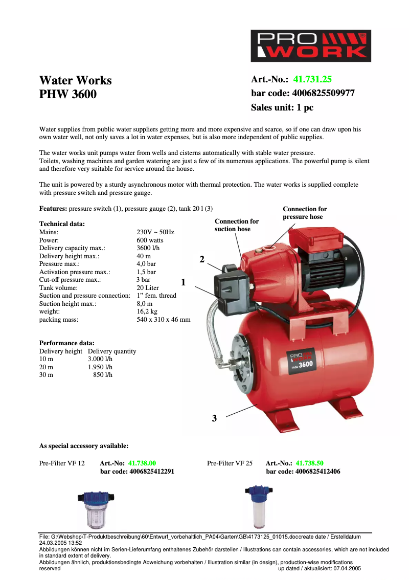 First page image of the manual for PHW 3600