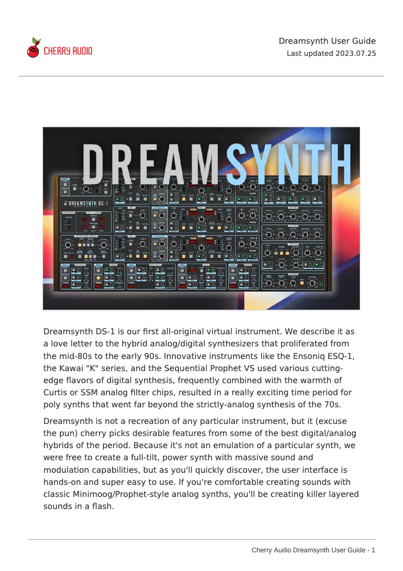 First page image of the manual for Dreamsynth