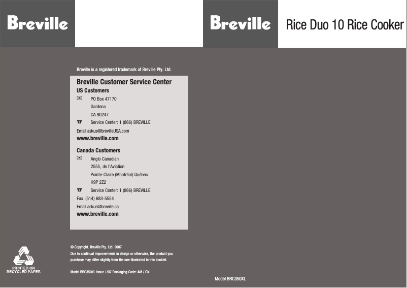 First page image of the manual for BRC350XL