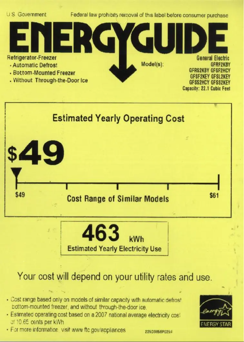 Page 1 of the manual Energy Label GE GFSF2HCYWW