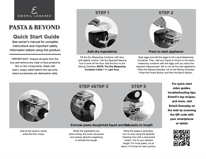 Page 1 of the manual Quick Start Guide Emeril Lagasse Pasta & Beyond PM-01