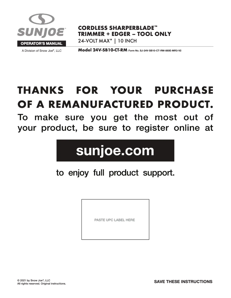 Page 1 of the manual User Manual Sun Joe 24V-SB10-CT-RM