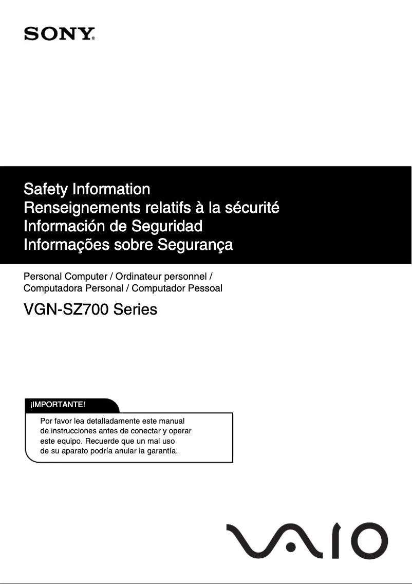Page 1 of the manual Safety Instructions Sony Vaio VGN-SZ770FN
