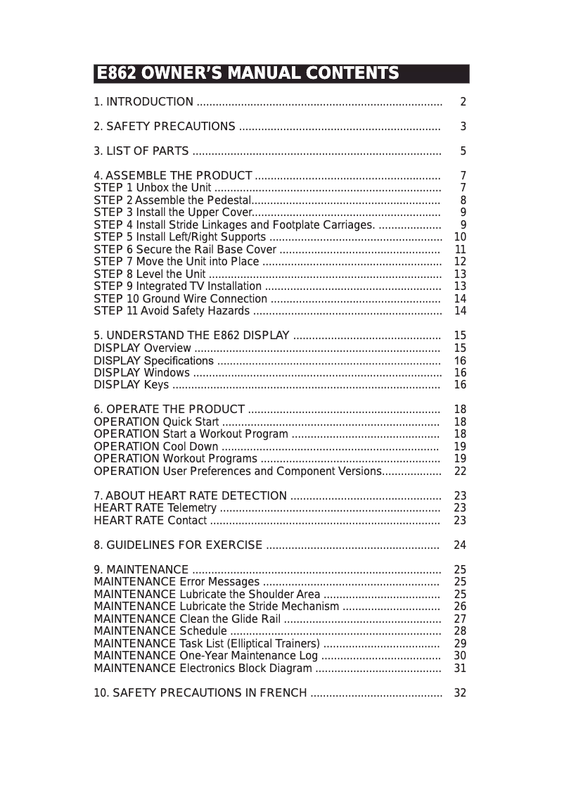 Page 1 of the manual User Manual SportsArt E862