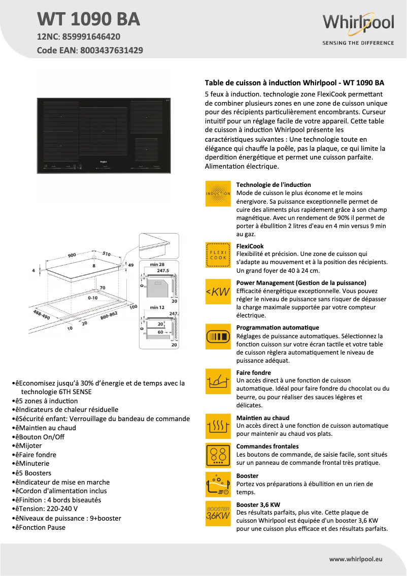 Page 1 de la notice Fiche technique Whirlpool WT 1090 BA