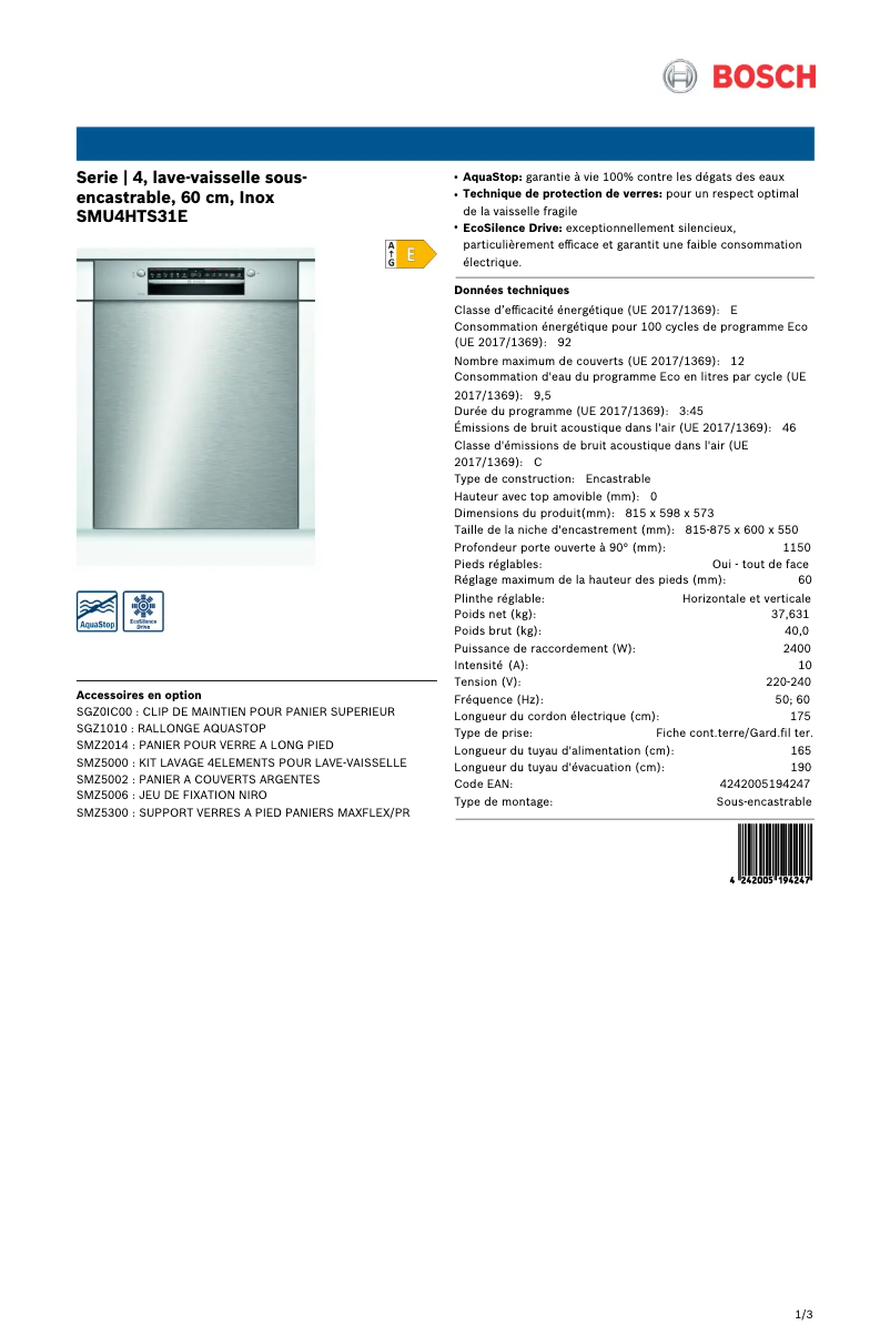 Page 1 of the manual User Manual Bosch SMU4THS31E