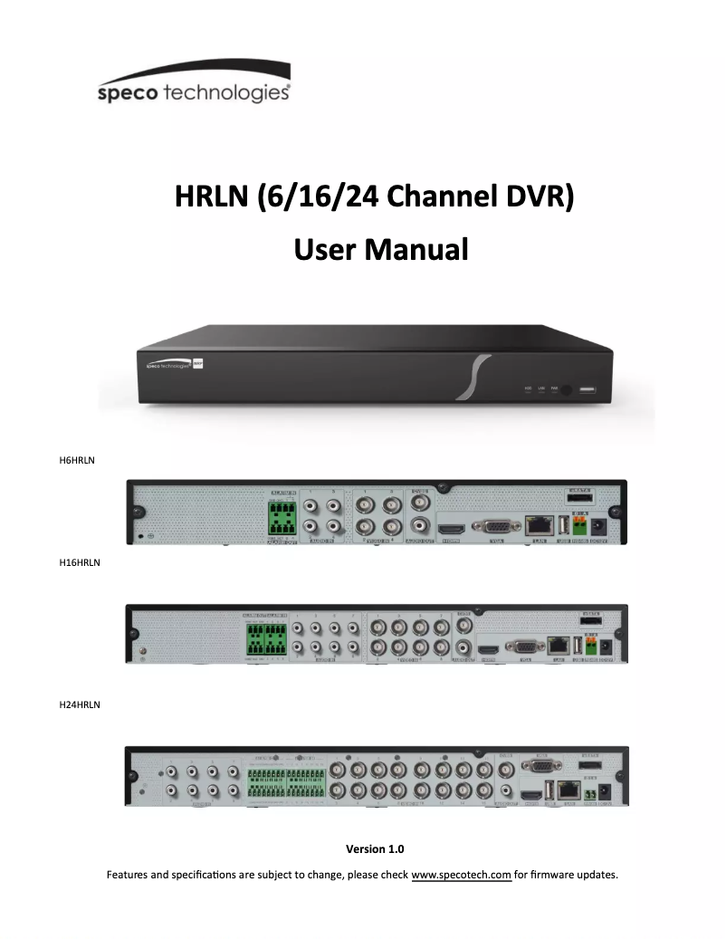 Page 1 of the manual User Manual Speco Technologies H6HRLN