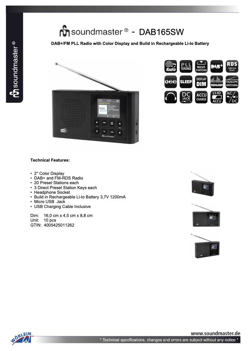 Page 1 of the manual Technical Sheet Soundmaster DAB165