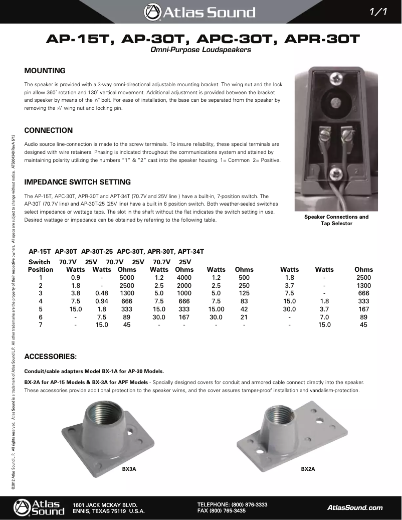 Page 1 of the manual Instruction Manual Atlas Sound AP-15T