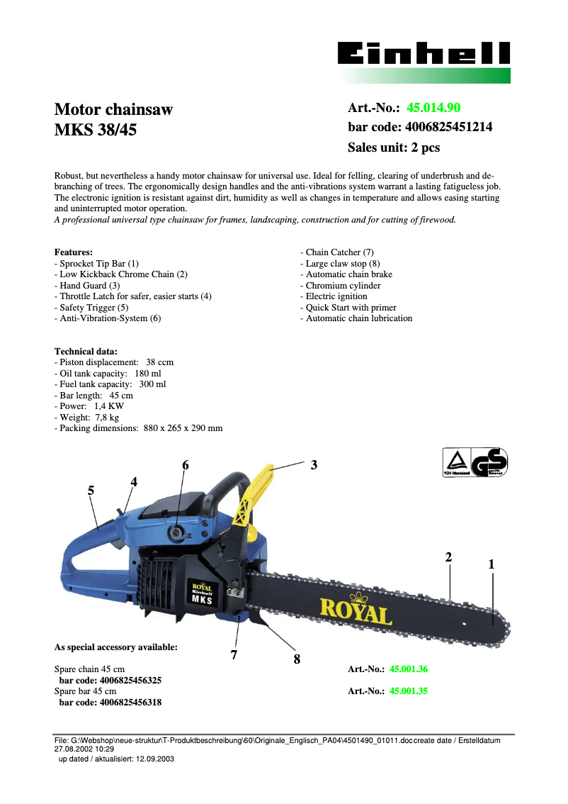 First page image of the manual for Royal MKS 38/45