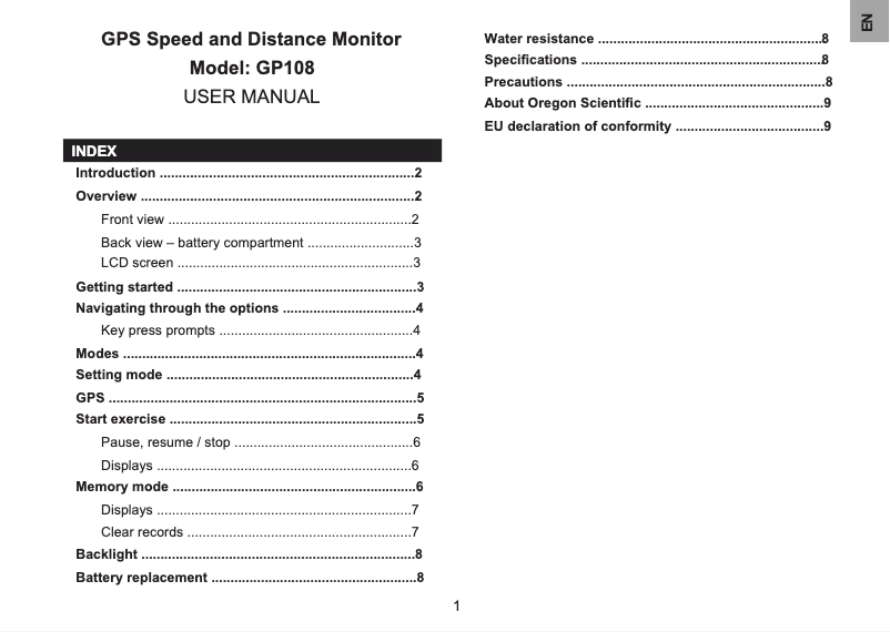 Page 1 of the manual User Manual Oregon Scientific GP108